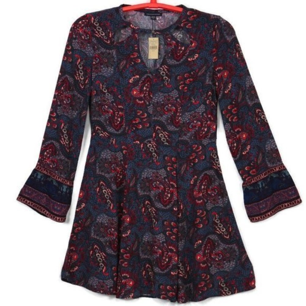 American Eagle Dress Blue‎ Red Paisley Boho Long Sleeve M Medium